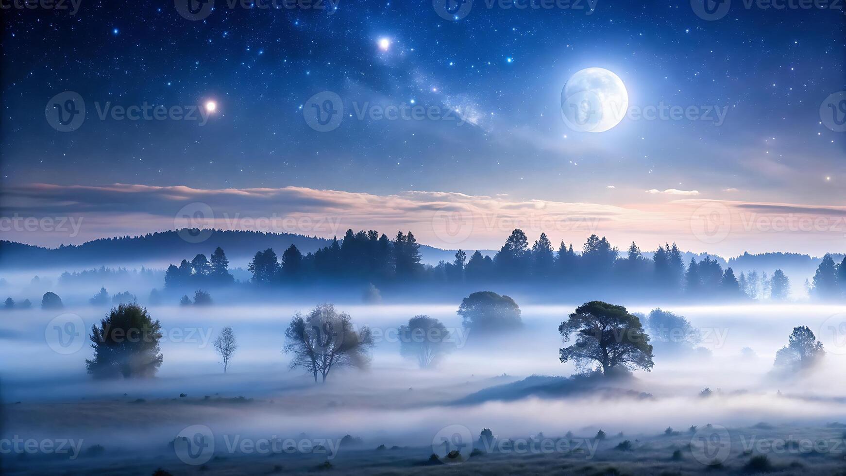 Enchanting misty landscape under a starry night sky photo