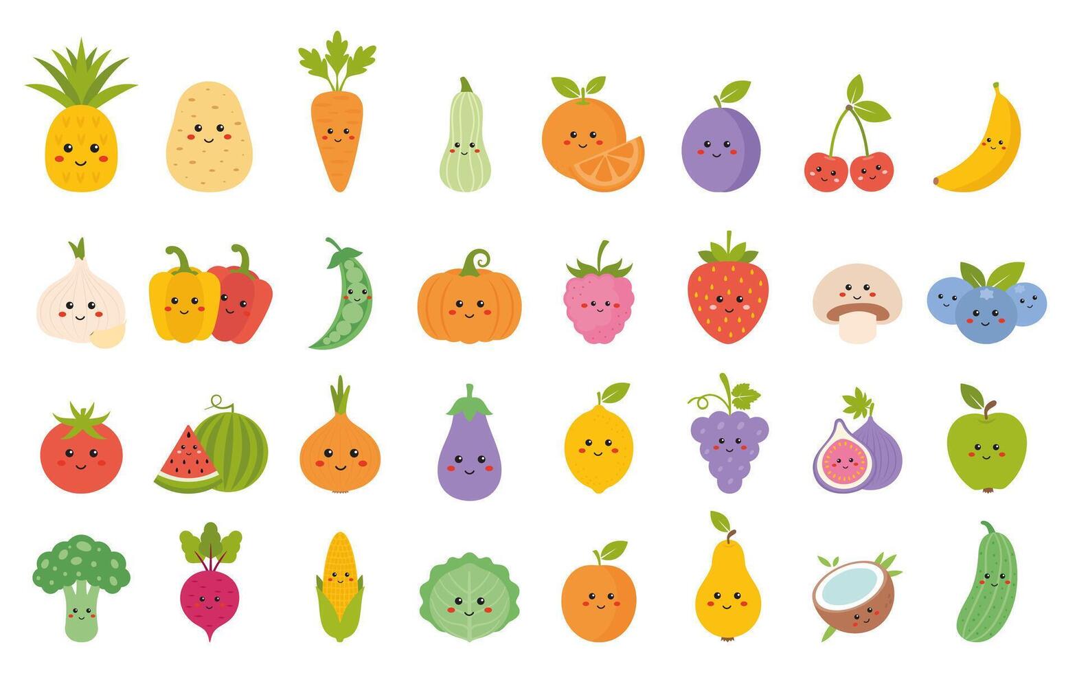 Cartoon fruits and vegetables with faces vector