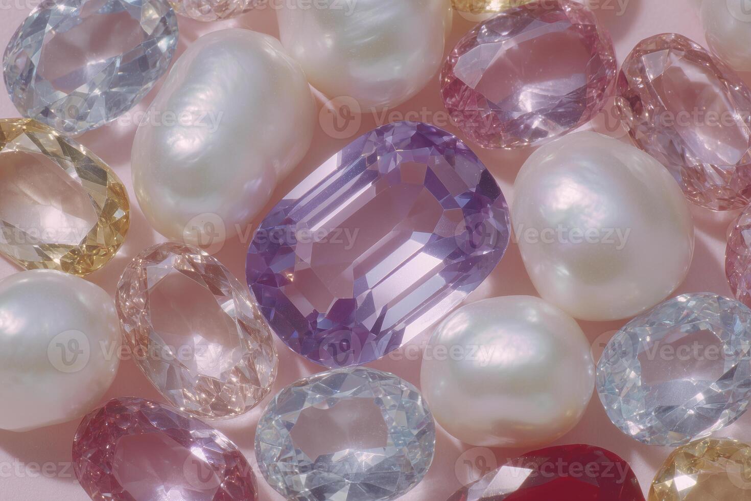 Close up of baroque pearls and colorful gemstones including purple, pink, and blue stones, creating luxurious and vibrant display. arrangement showcases beauty and elegance of these precious items photo