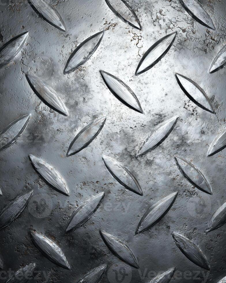 Textured metal surface with raised diamond patterns, showcasing blend of silver and gray tones. industrial design evokes sense of strength and durability, perfect for various applications photo