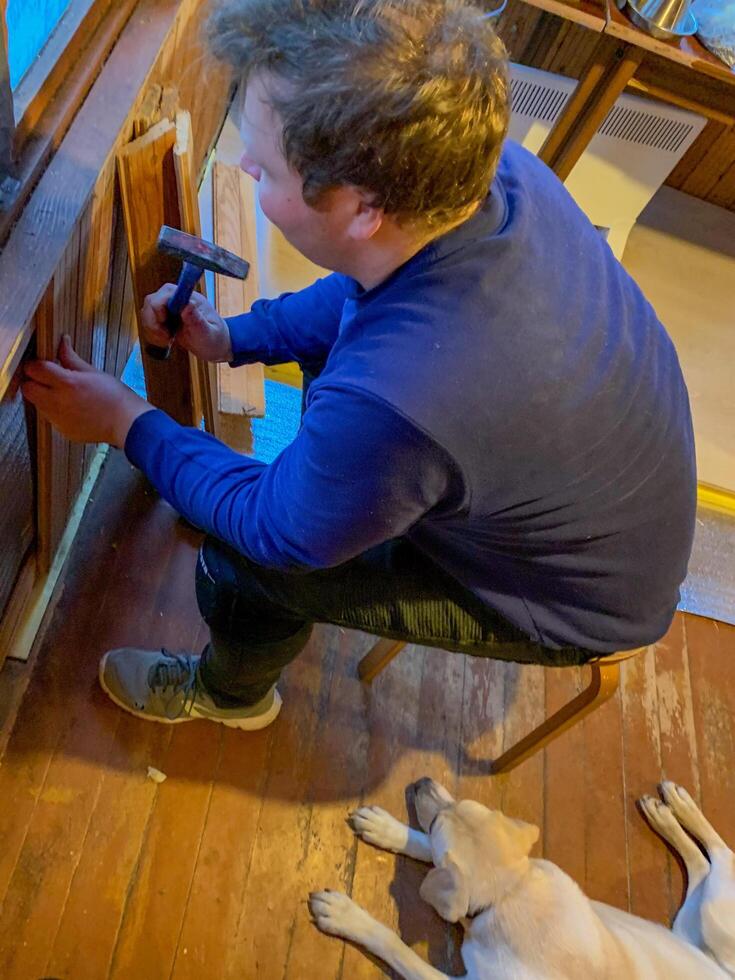 Focused Caucasian man hammering wood alongside a serene Labrador, embodying DIY spirit and National Pet Day harmony photo