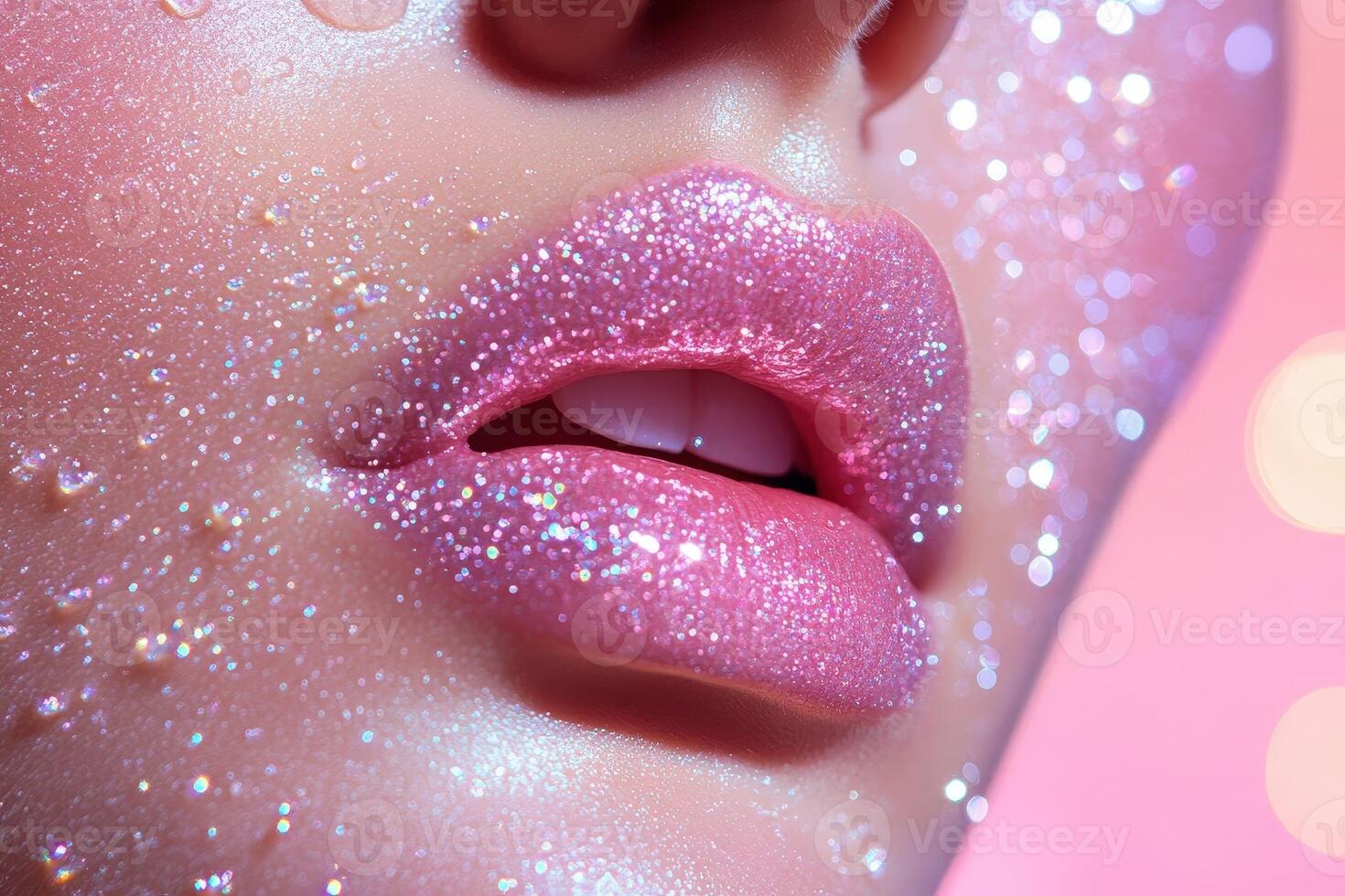Captivating Glittering Lips in Dreamy Haze Glamour Closeup Portrait photo