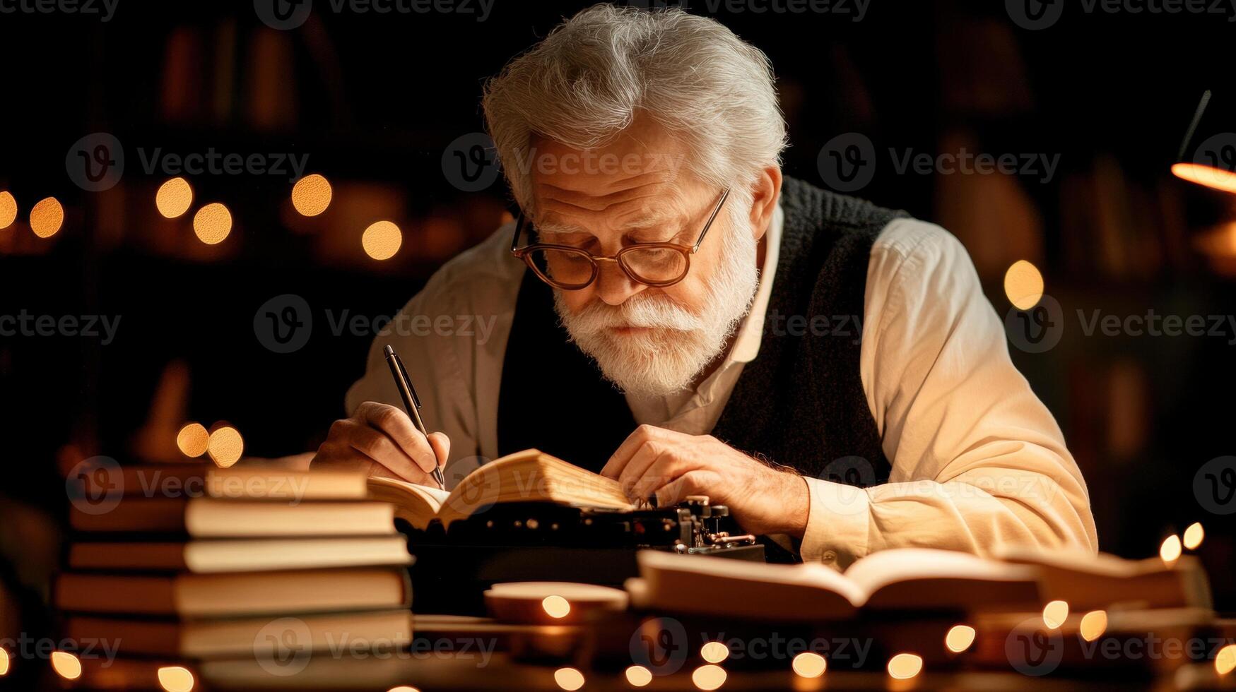 Elderly man writing with typewriter photo