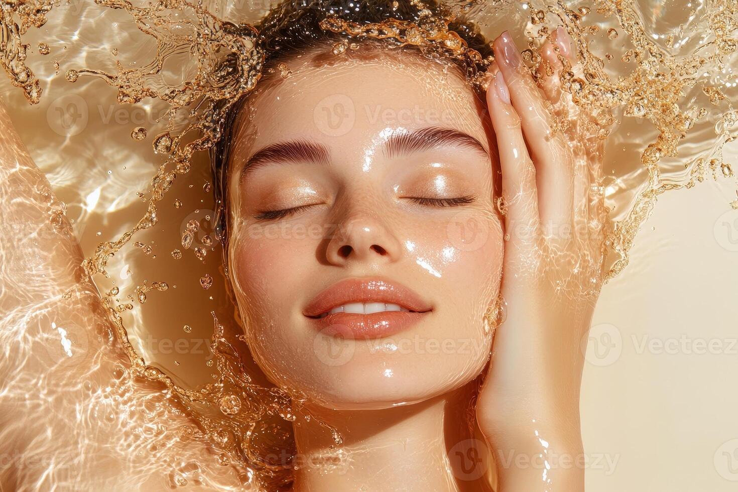 Luxurious Beauty Concept of a Flawless Glowing Woman in a Dreamlike Ethereal Setting photo
