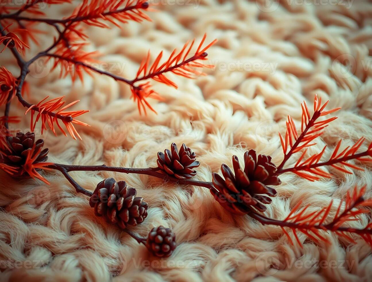 Autumnal Arrangement Pine Cones and Branches on a Soft Textured Background photo