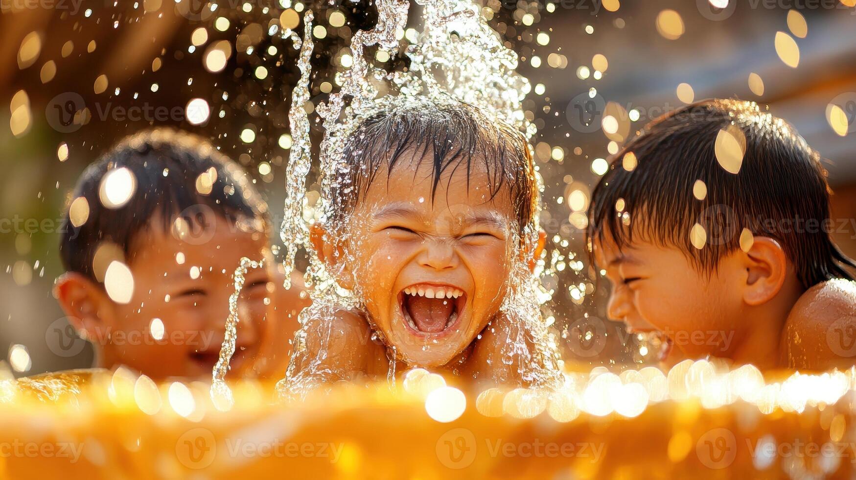 Children joyfully playing in a fountain water droplets sparkling in the sunlight emphasizing the joy of access to clean water photo