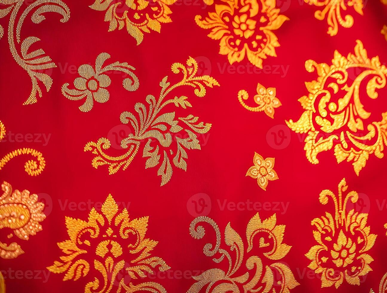 Red and Gold Textile Intricate Damask Pattern Luxurious Fabric Texture photo