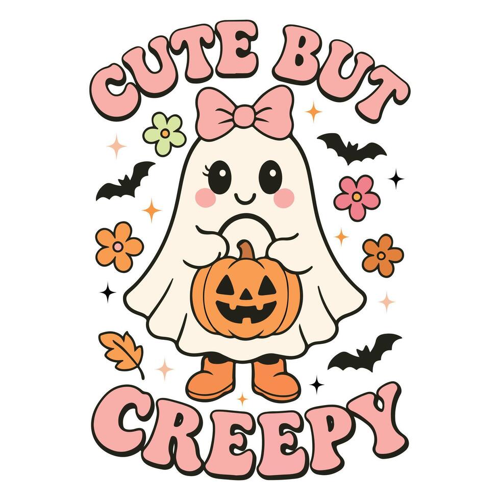 Cute but Creepy - Cute Spooky Ghost Halloween T-shirt , Scary Halloween Ghostly Illustration, Spooky Vibes Saying, Holiday Seasonal Shirt Design vector