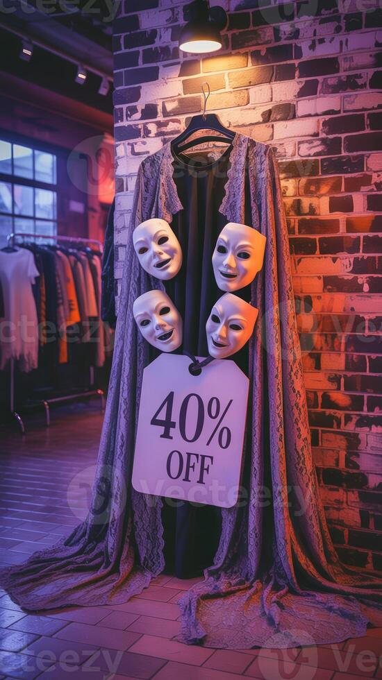 Display of masks and a discount sign in a stylish clothing store during late evening hours photo