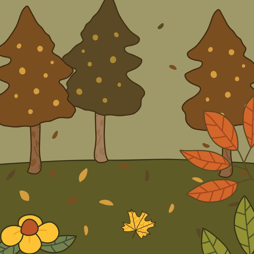 Background of trees, foliage, flower, and maple leaf illustration autumn fall theme vector