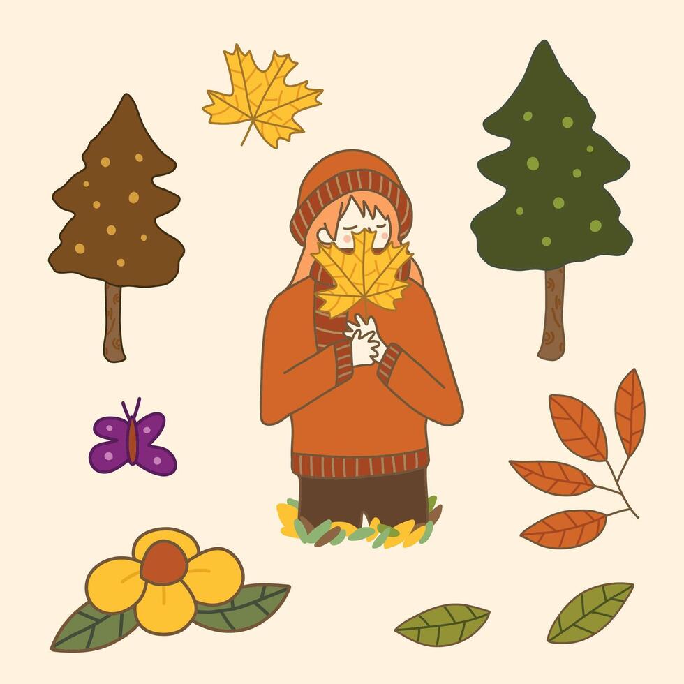 Girl in sweater holding maple leaf with tree and foliage illustration autumn fall theme isolated vector