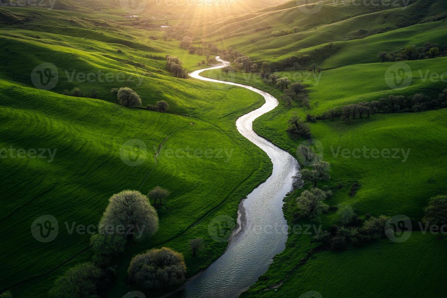 A river runs through a green valley at sunset photo