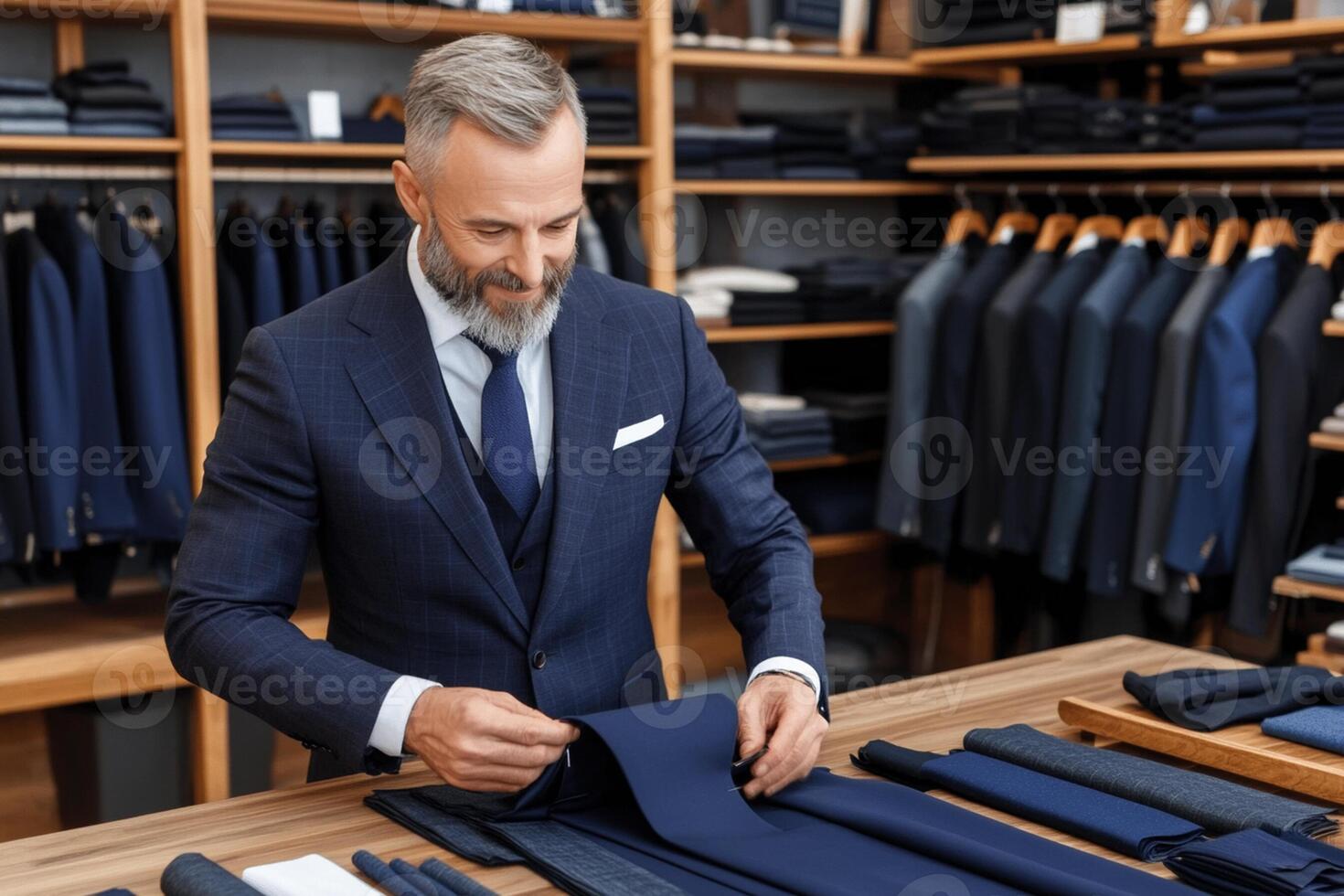 A man in a suit is looking at a suit photo