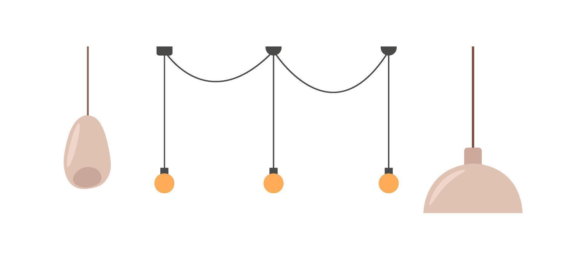 Interior lamp light set. Hanging chandelier and bulb. Simple flat design in minimalistic style for kitchen or living room. vector
