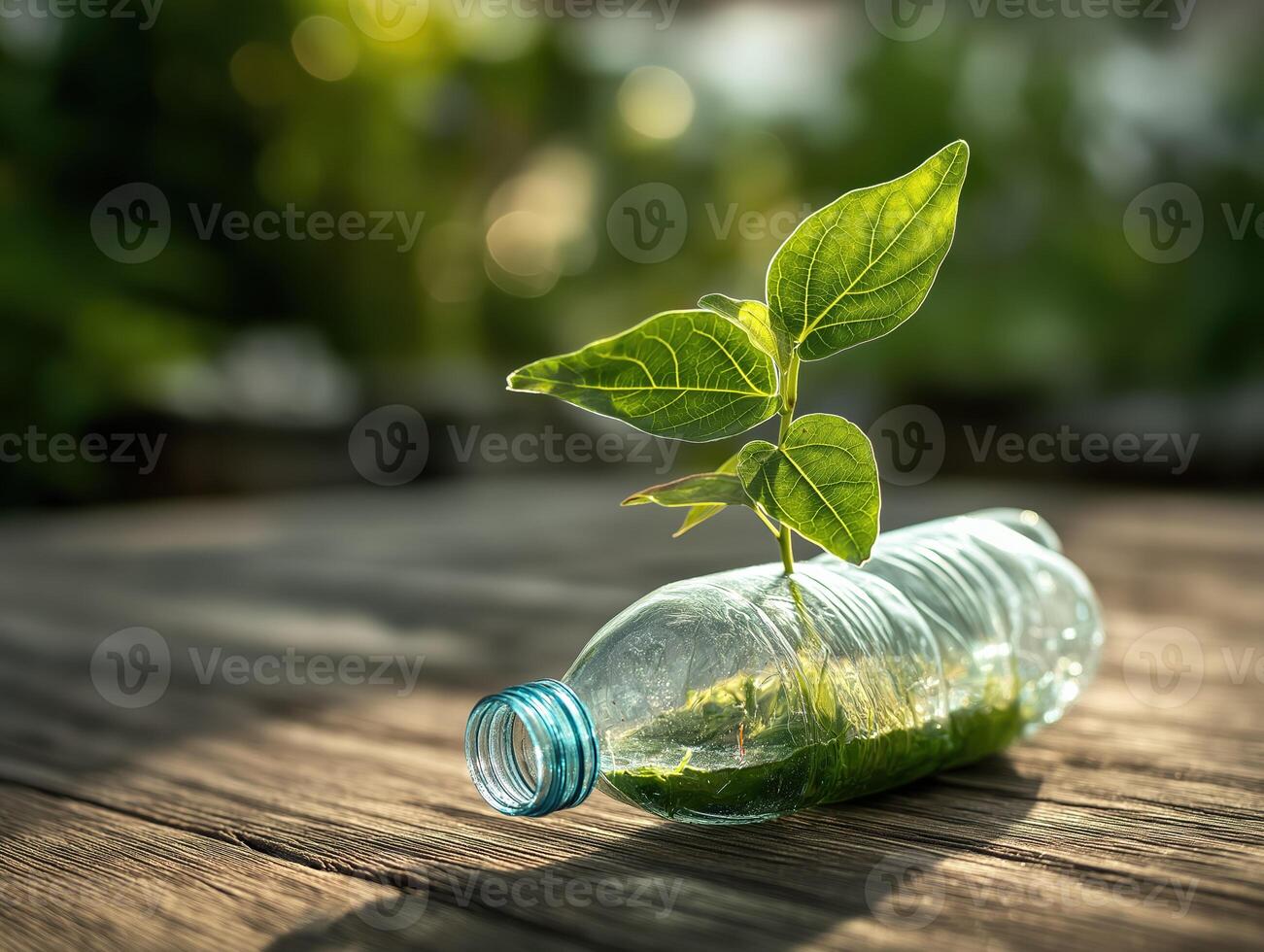 Plant, plastic bottle, green leaf, sunlight, eco friendly concept with natural background photo