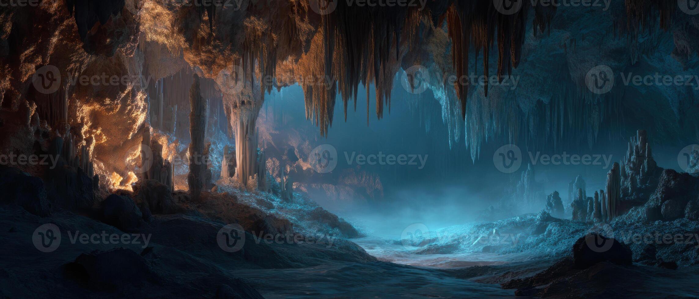 Mysterious cave interior with dramatic stalactites, stalagmites, and glowing blue ambient light photo