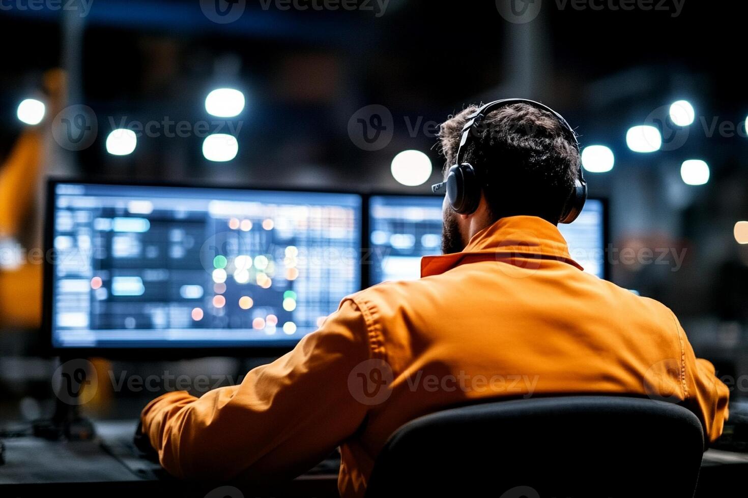 A man wearing headphones is sitting at a computer photo