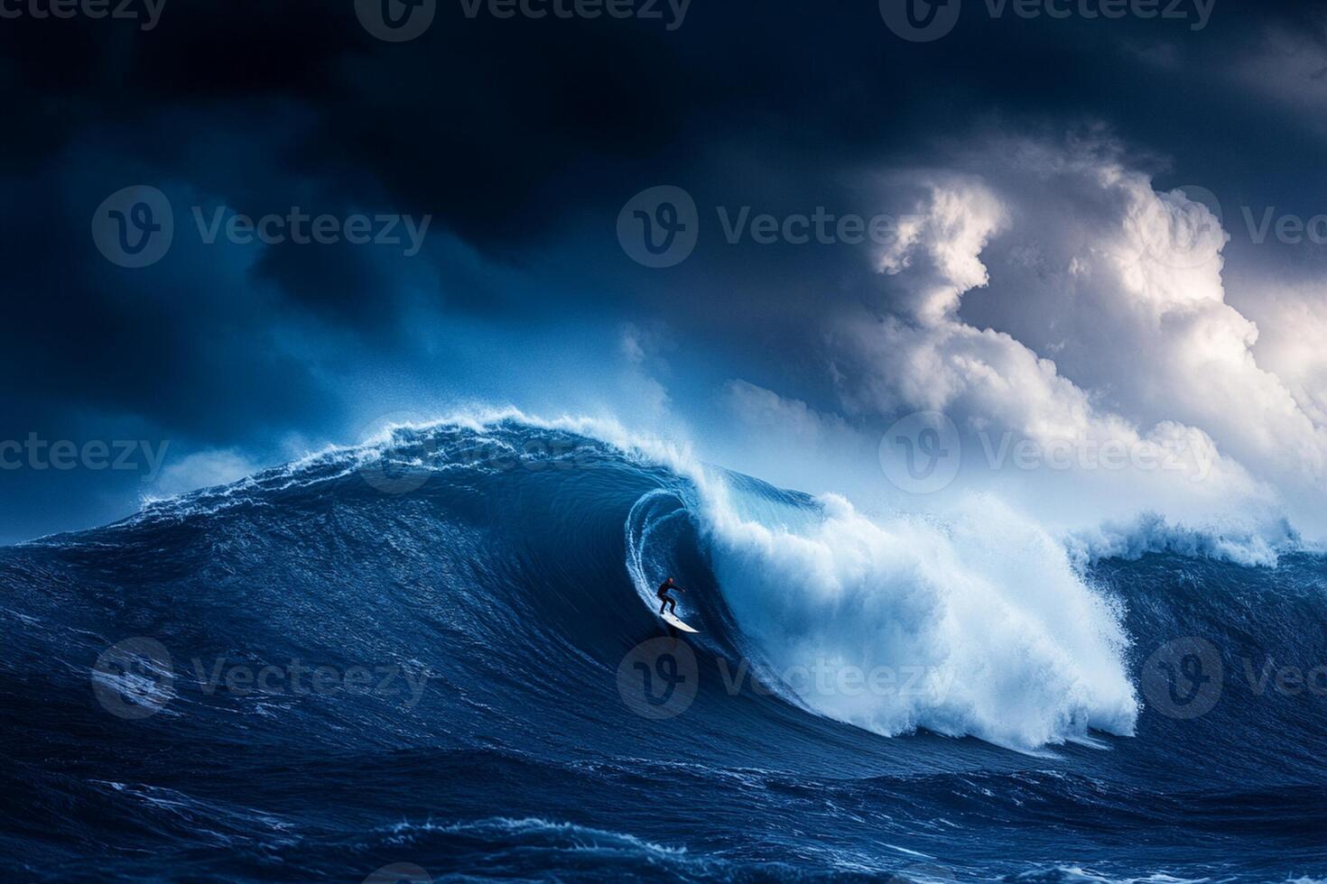 A large wave breaking on the ocean with dark clouds photo