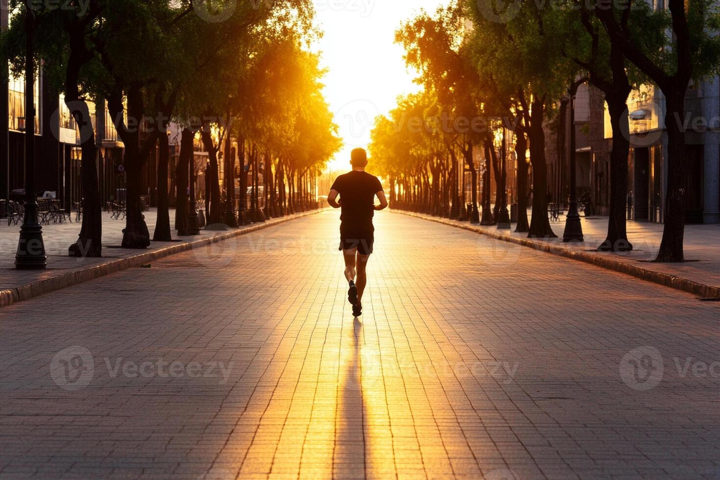 A man running down a street at sunset photo