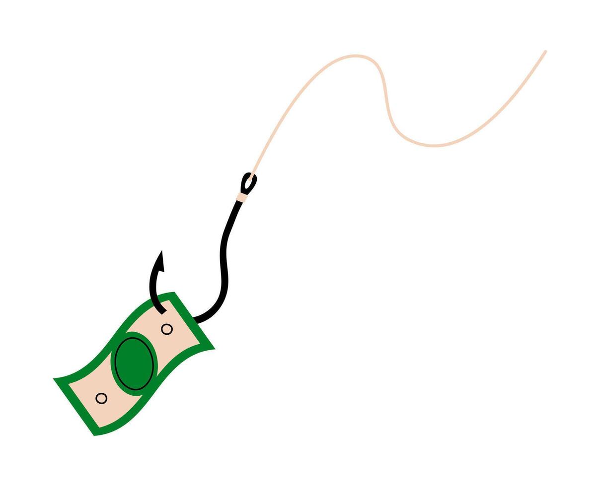 Hand drawn cute cartoon illustration fishing hook with currency money. Flat cash stealing doodle. Money theft crime icon or print. Bank account fraud or scam. Phishing attack. Greed. Isolated. vector