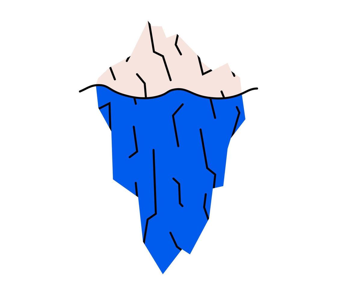 Hand drawn cute cartoon illustration of iceberg. Flat polar ice mountain with underwater part sticker doodle. Ice berg infographic or chart. Business analysis icon or print. Isolated. vector