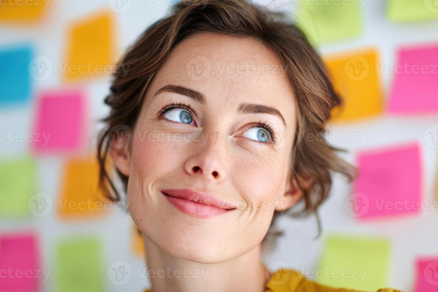 Creative businesswoman brainstorming and planning new ideas looking at colorful sticky notes photo