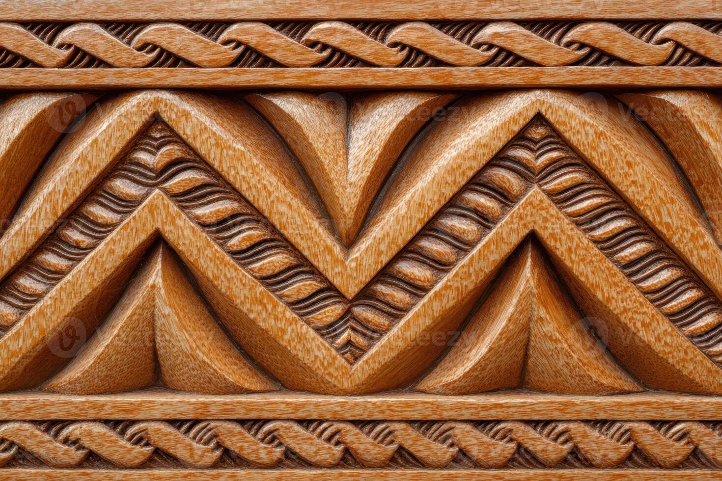 Polynesian pattern carved in light brown wood creating a beautiful texture photo