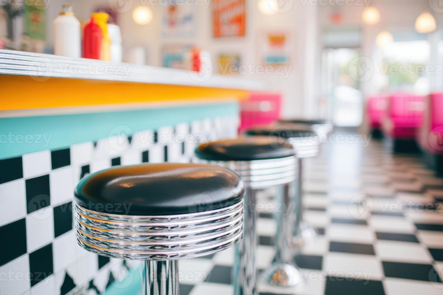 Retro chrome stools inviting customers at vintage coffee shop counter photo