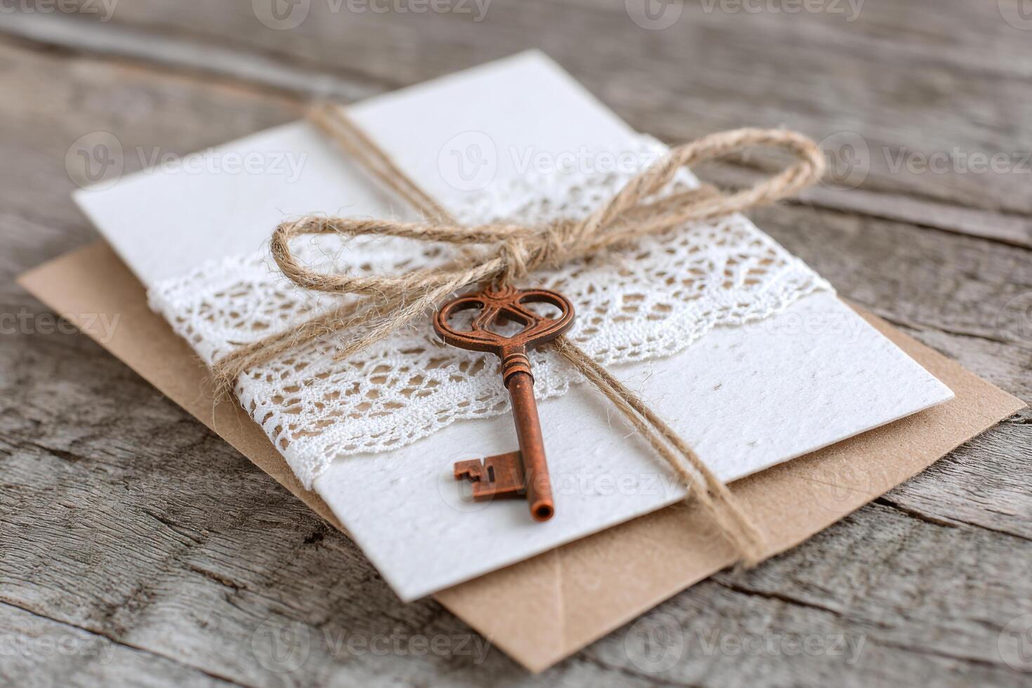 Rustic wedding invitation with key and lace on wooden table photo