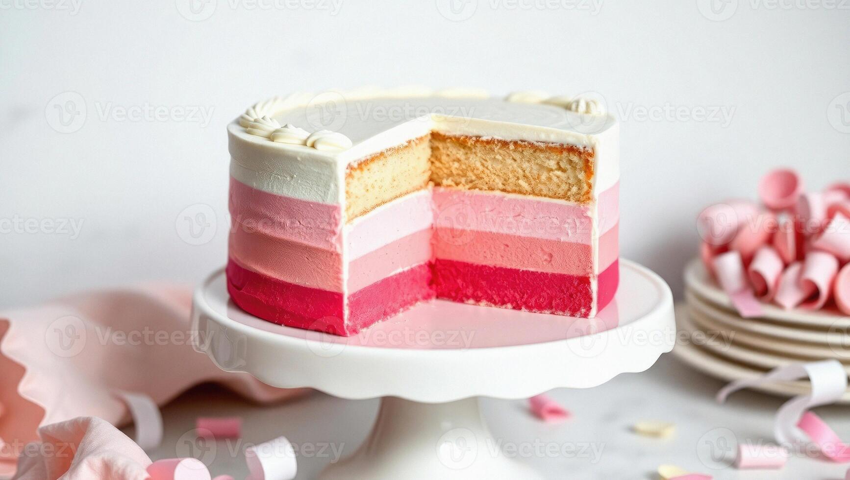 Artfully crafted pink ombre layer cake on a white cake stand for a celebratory and delicious dessert presentation in bright lighting. photo