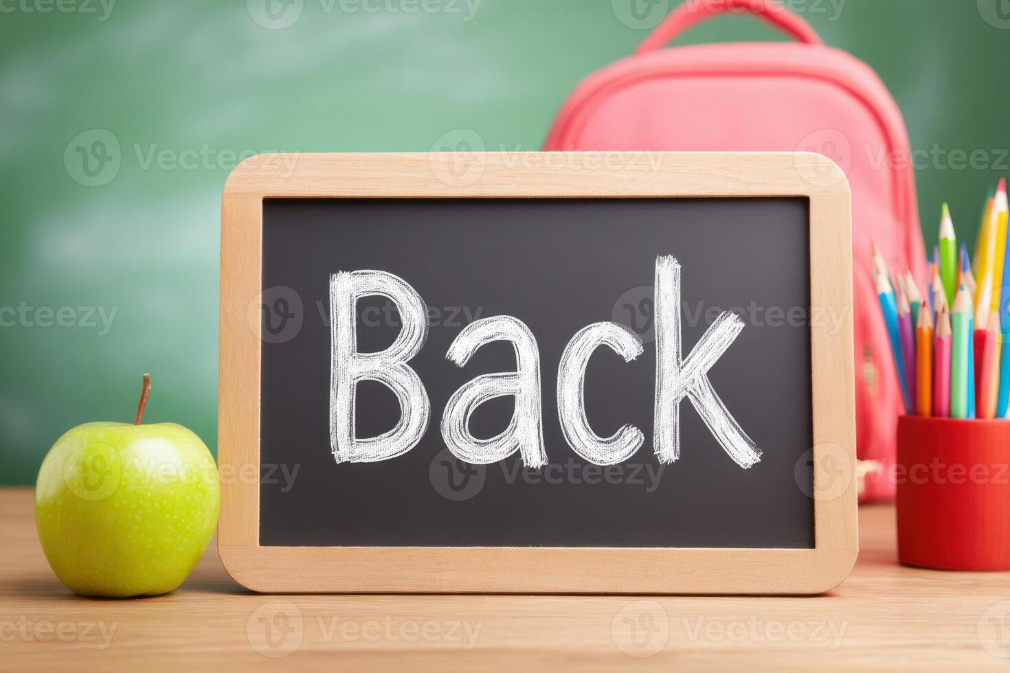 Back to school concept with backpack, colorful pencils and green apple on teacher's desk photo