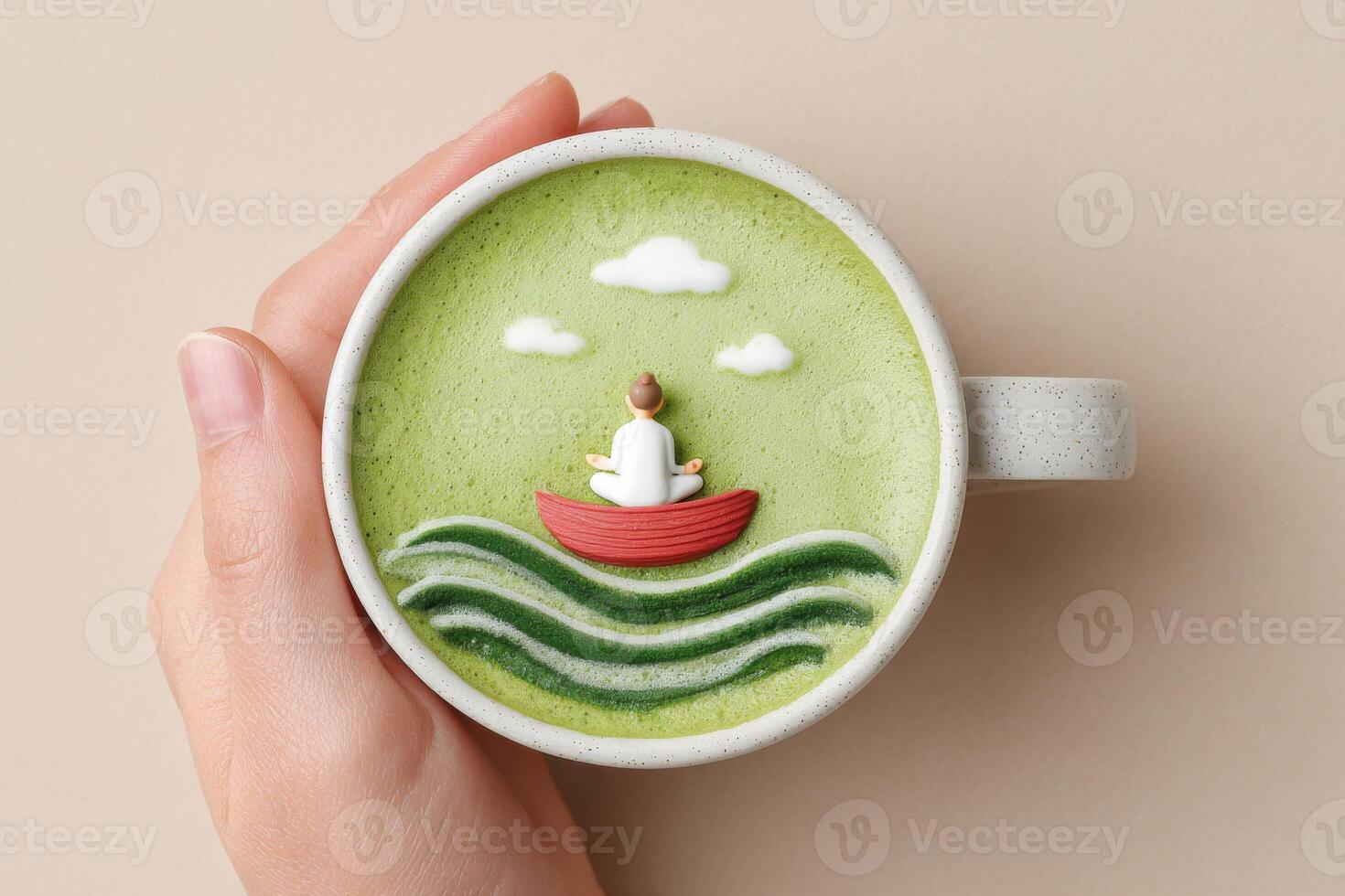 Woman meditating on a boat in a matcha latte cup photo