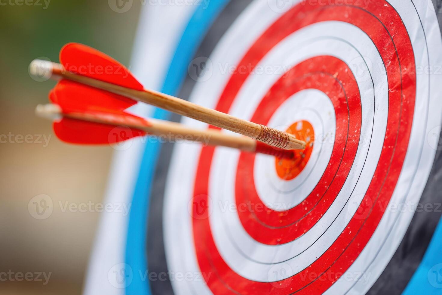 Two arrows hitting the center of target, concept of achieving a goal photo