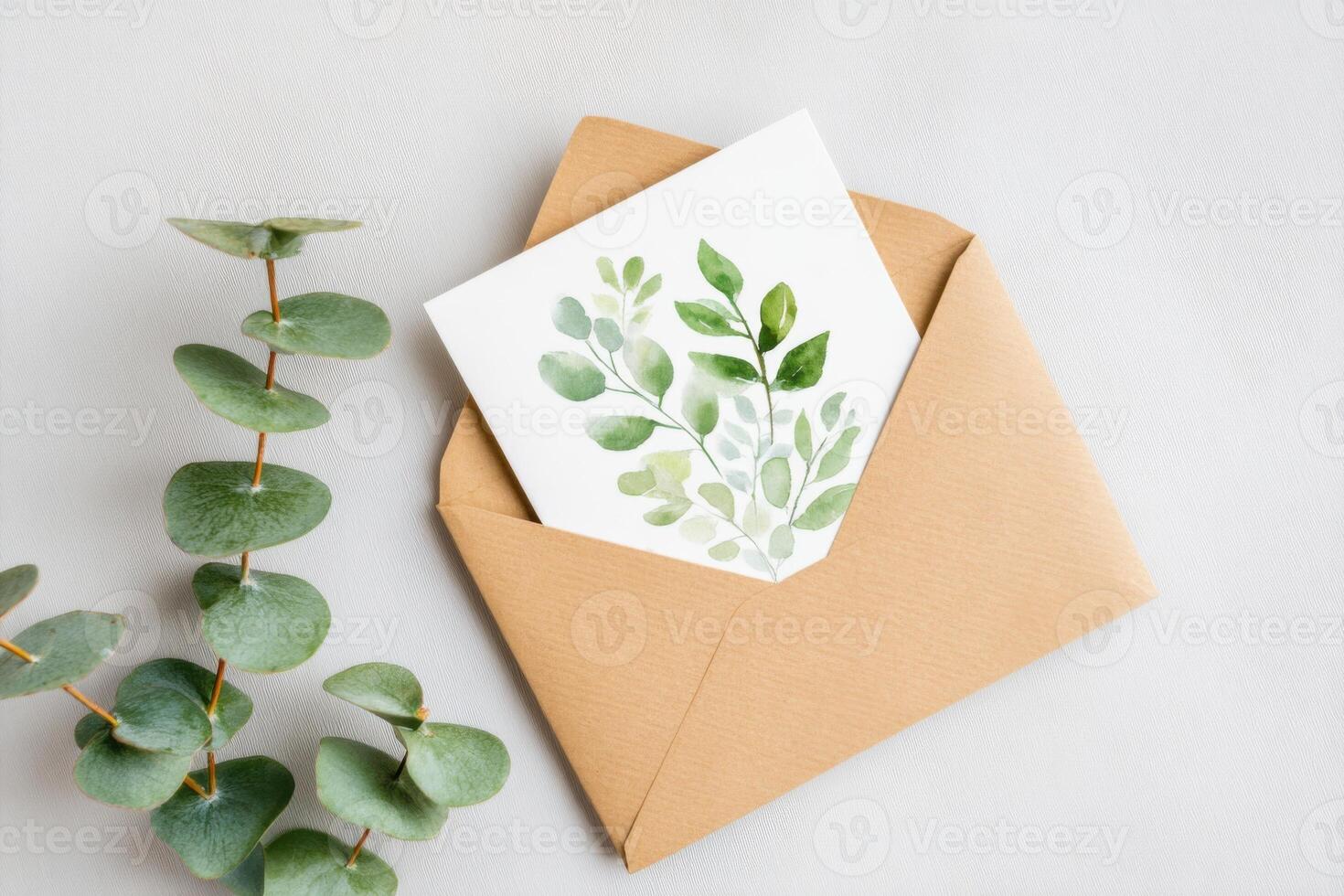 Elegant botanical wedding invitation with eucalyptus leaves inside a brown envelope photo
