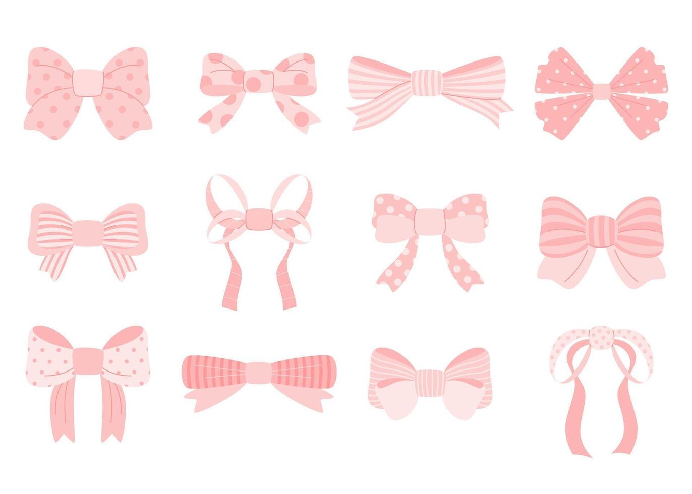 Large set of 12 elements. Elegant pink bows with polka dots and stripes. illustration on a white background. vector