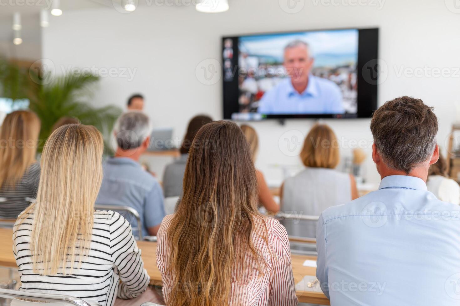 Businesspeople attending conference in modern coworking space photo