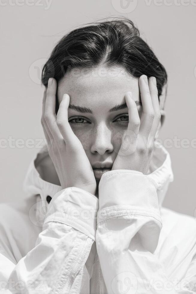 Young woman covering face with hands showing anxiety and depression photo