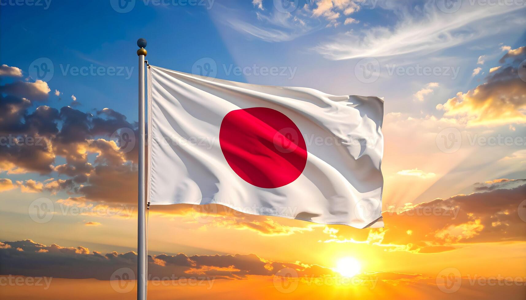 Japanese flag, the Hinomaru, waving proudly on a flagpole against a vibrant sunset sky. The Land of the Rising Sun is a symbol of Japanese patriotism, culture, and identity. photo