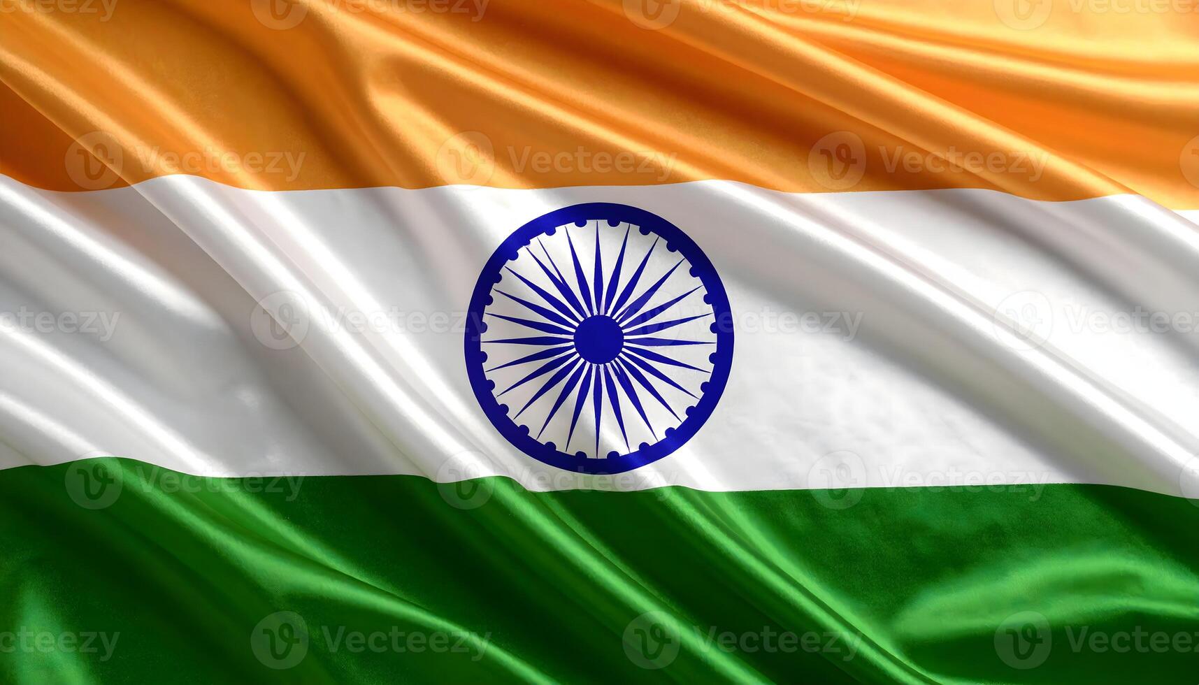 Close-up of the waving flag of India, the Tiranga. Realistic silk fabric with the Ashoka Chakra wheel. A symbol of Indian patriotism, culture, and national pride. photo