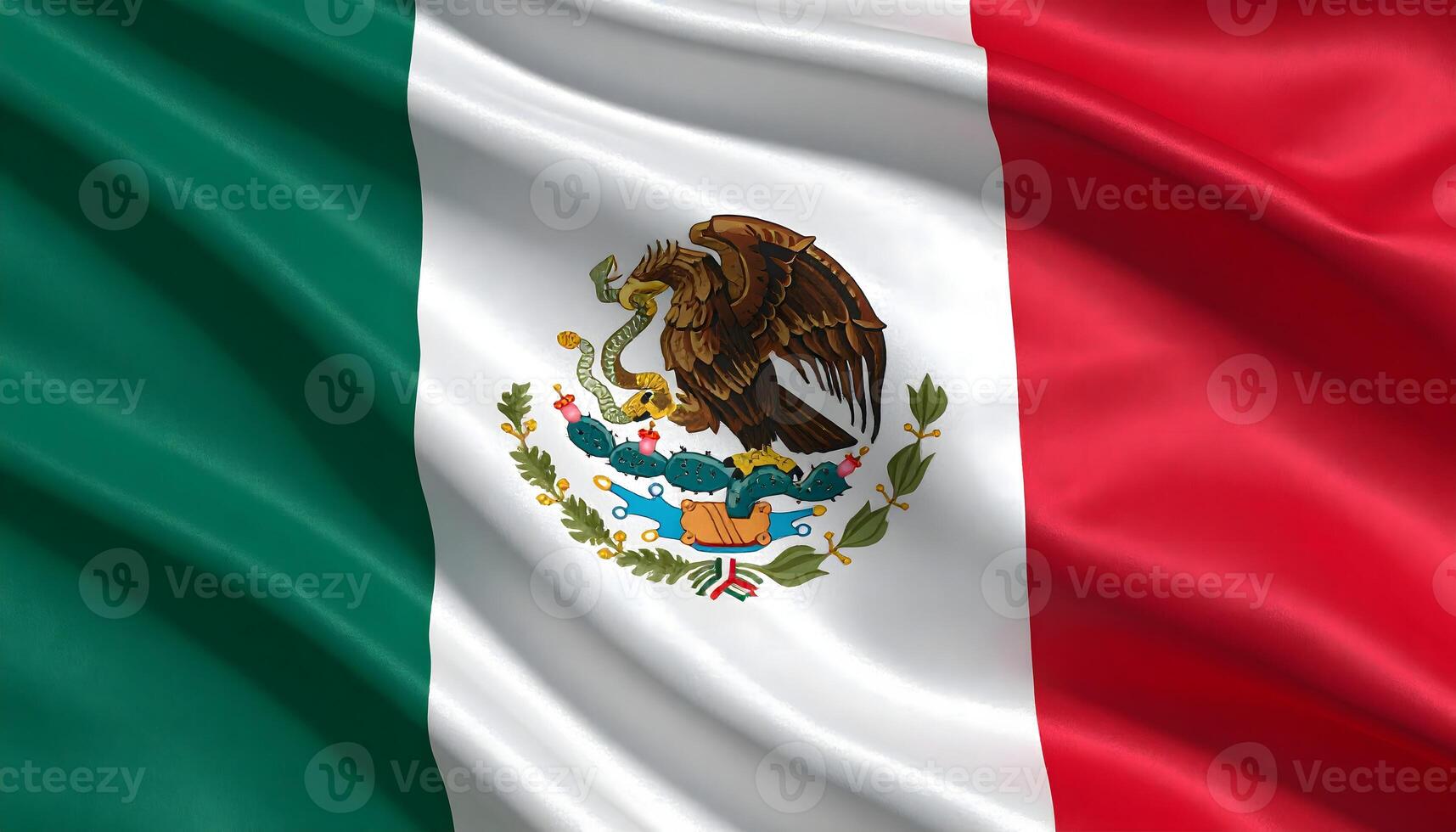 Close up of the waving flag of Mexico with its iconic coat of arms. Realistic silk fabric texture. A symbol of Mexican patriotism, culture, and national pride. photo