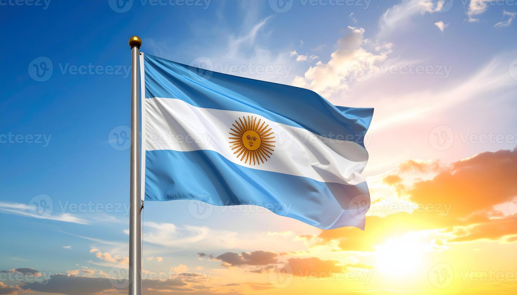 Argentinian flag waving proudly on a flagpole against a vibrant sunset sky. The flag of Argentina, with its Sun of May symbol. Represents patriotism, pride, and South America. photo
