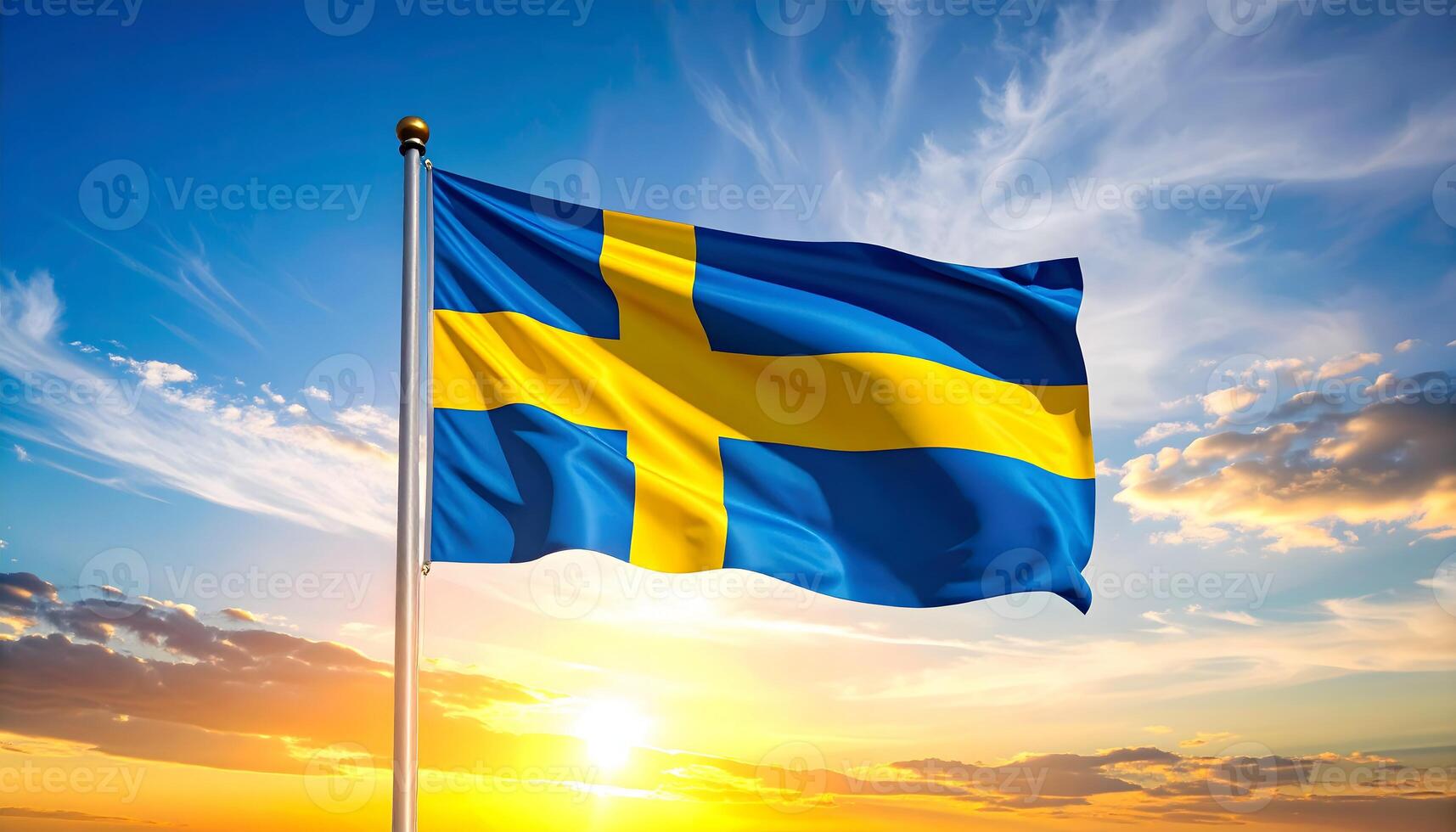 Swedish flag waving proudly on a flagpole against a vibrant sunset sky. Features the yellow Nordic cross on a blue field. Symbol of Swedish patriotism and Scandinavian identity. photo