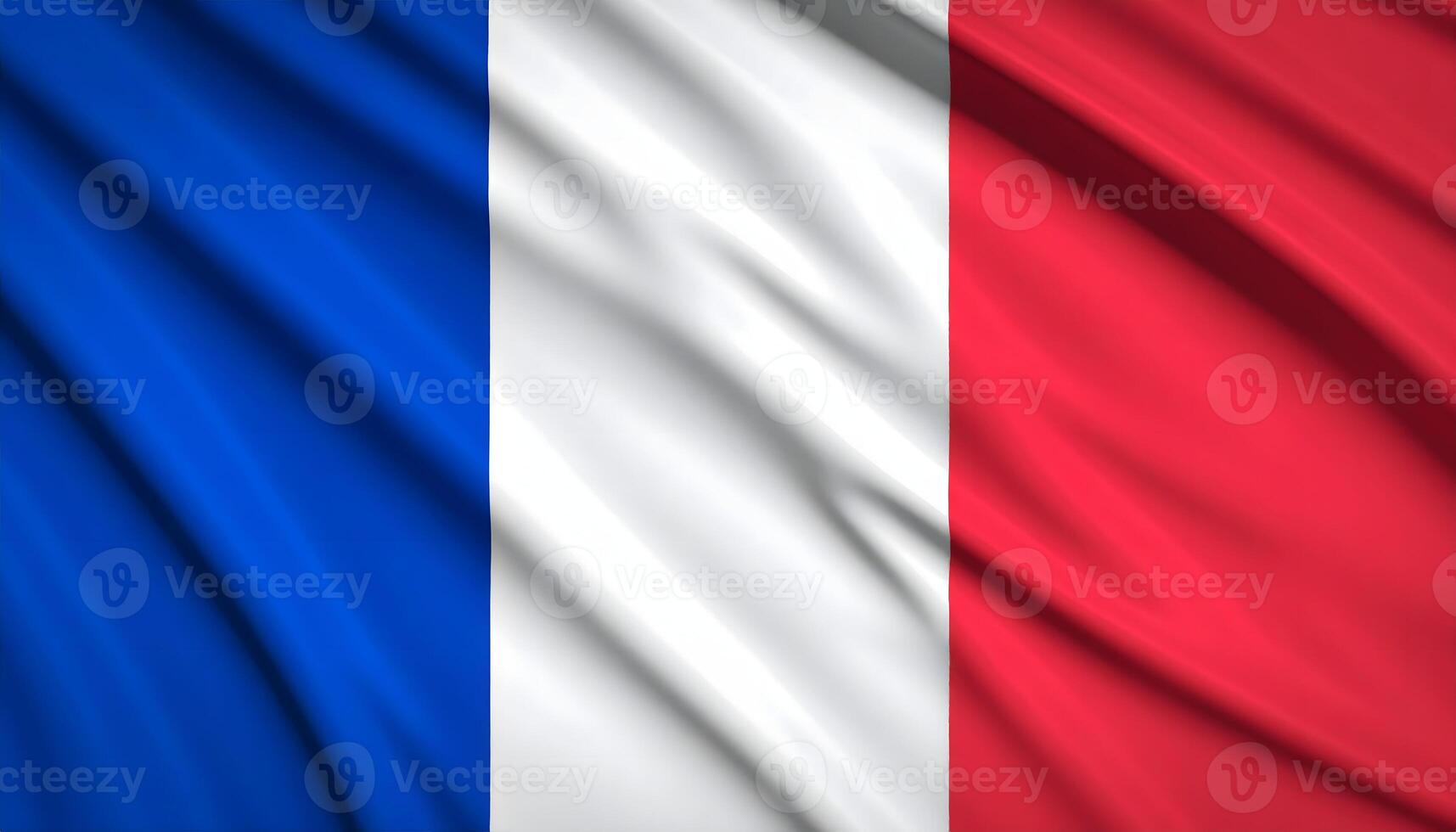 Close up of the waving flag of France, the Tricolore. Realistic fabric texture. A symbol of French patriotism, European culture, and national identity. photo
