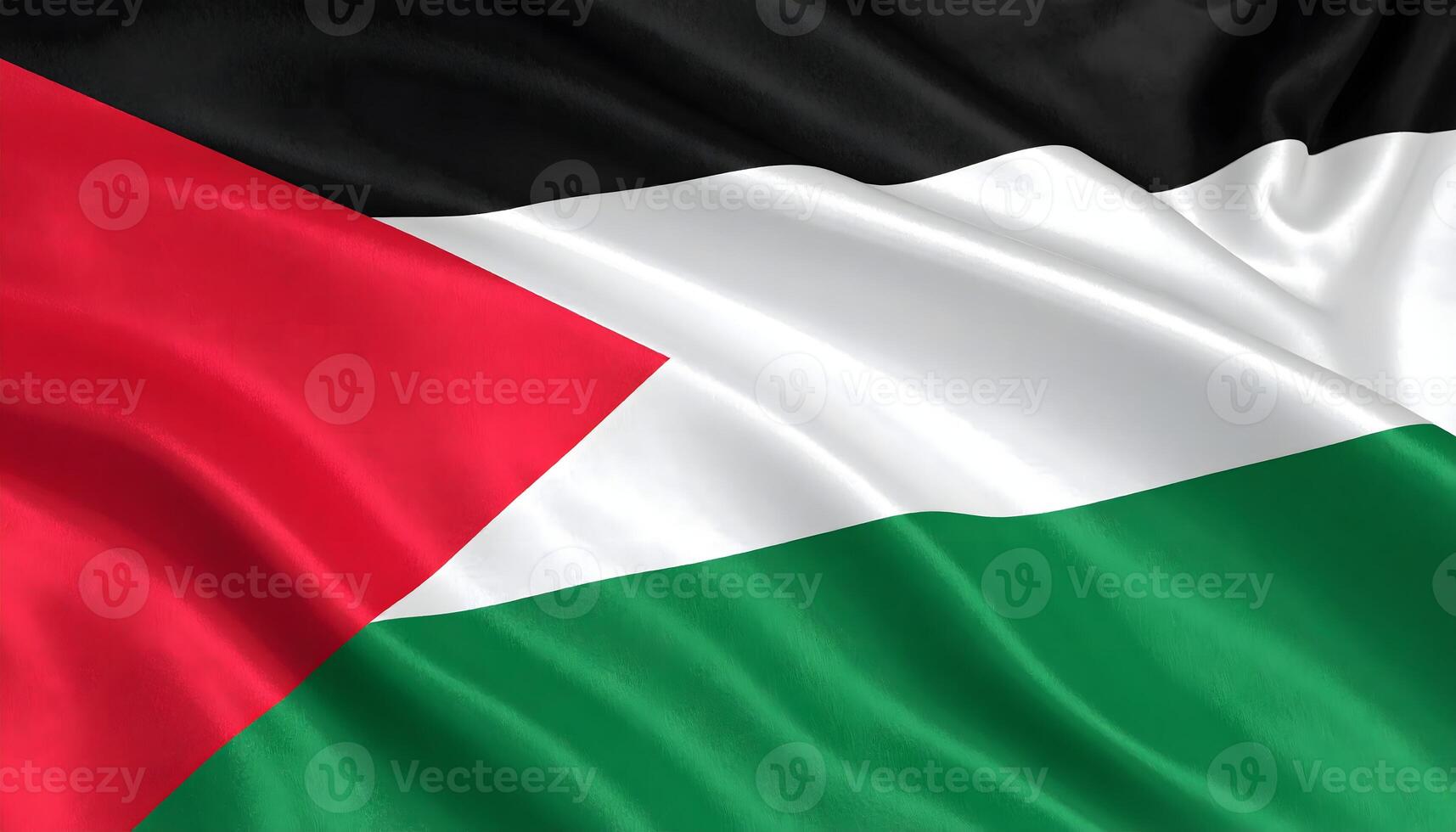 Close up of the waving flag of Palestine. Realistic silk fabric texture with Pan-Arab colors. A symbol of Palestinian identity, national pride, politics, and culture. photo