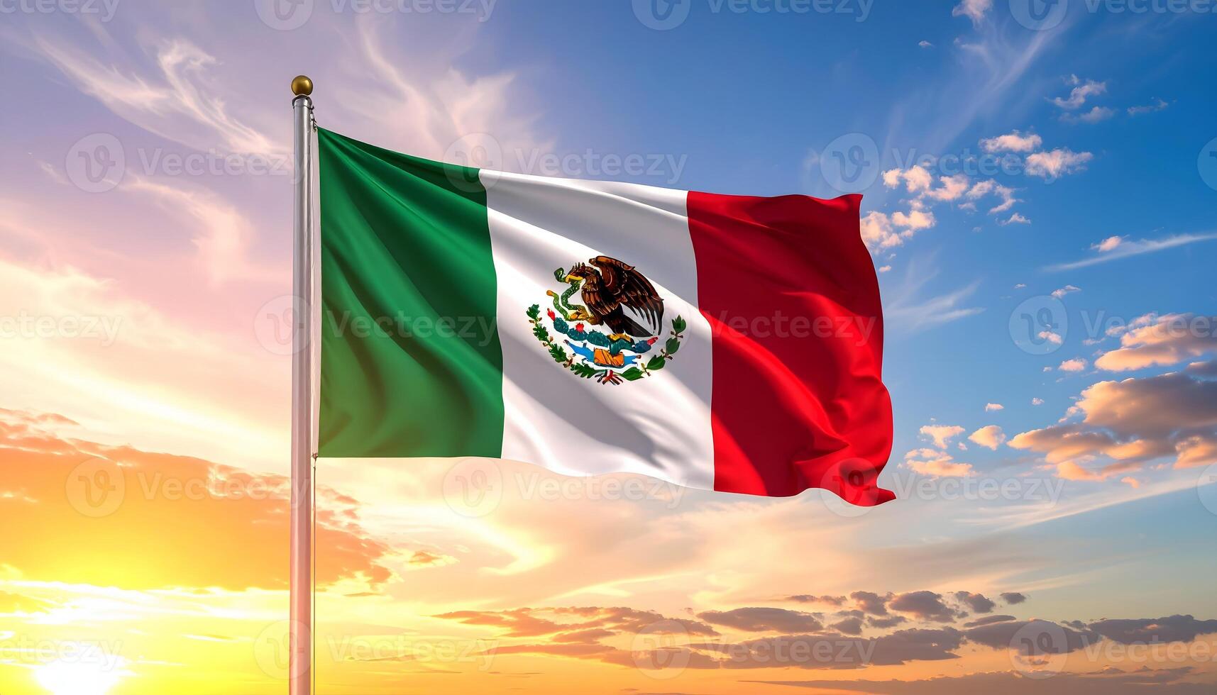 Mexican flag waving proudly on a flagpole against a vibrant sunset sky. Features the iconic coat of arms. A symbol of Mexican patriotism, culture, and national pride. photo