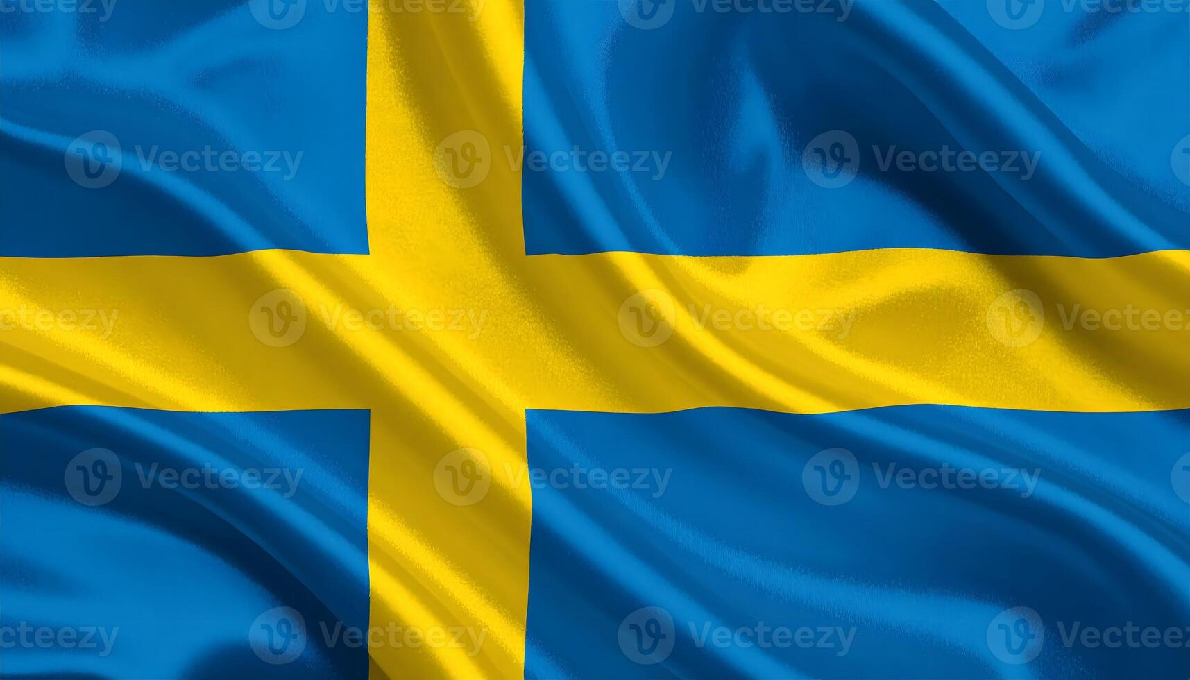 Close up of the waving flag of Sweden. Realistic silk fabric texture with a golden Nordic cross on a blue field. A symbol of Swedish patriotism, culture, and identity. photo
