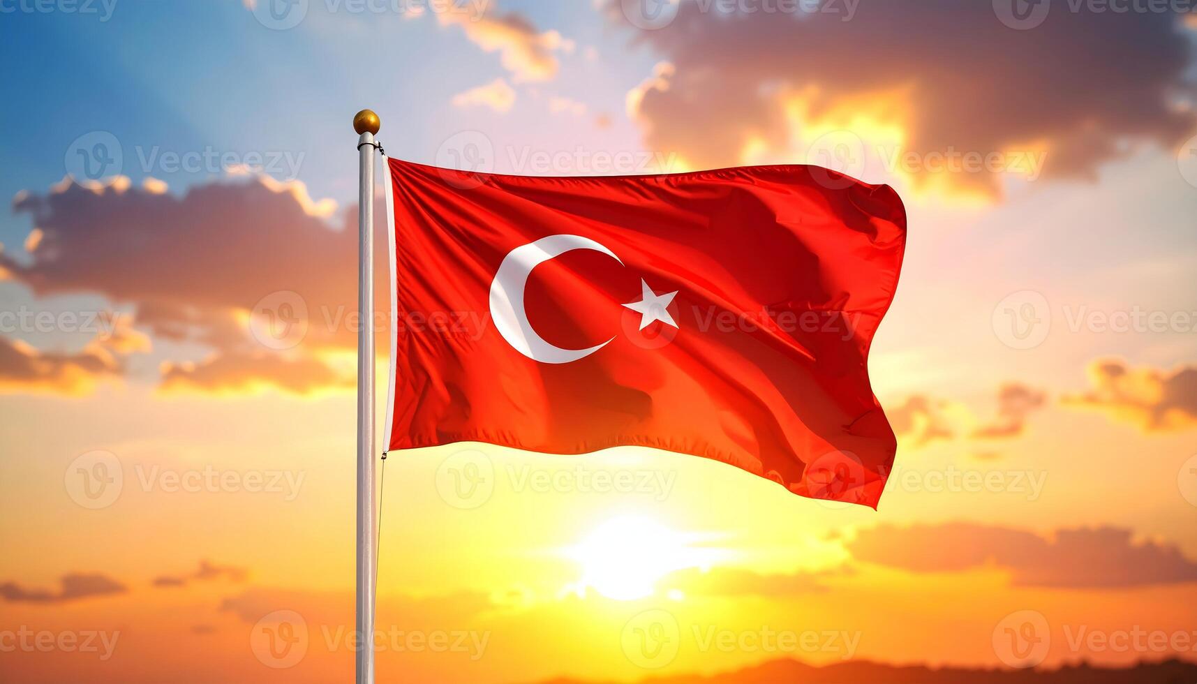 Turkish flag, the Ay Yildiz, waving proudly on a flagpole against a vibrant sunset sky. A symbol of Turkish patriotism, national identity and pride. photo