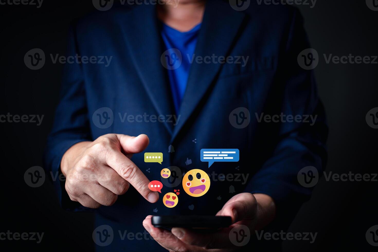 man use smartphone and touch icon social media for online marketing, work from anywhere. technology internet networking, playing social media and living on holiday concept. photo