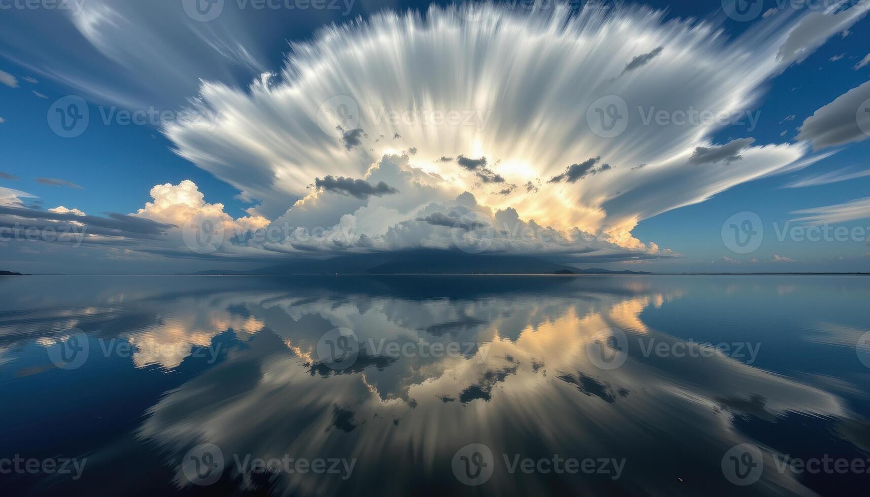 Dramatic Sky Reflection Over Calm Water with Striking Cloud Formation at Sunset photo