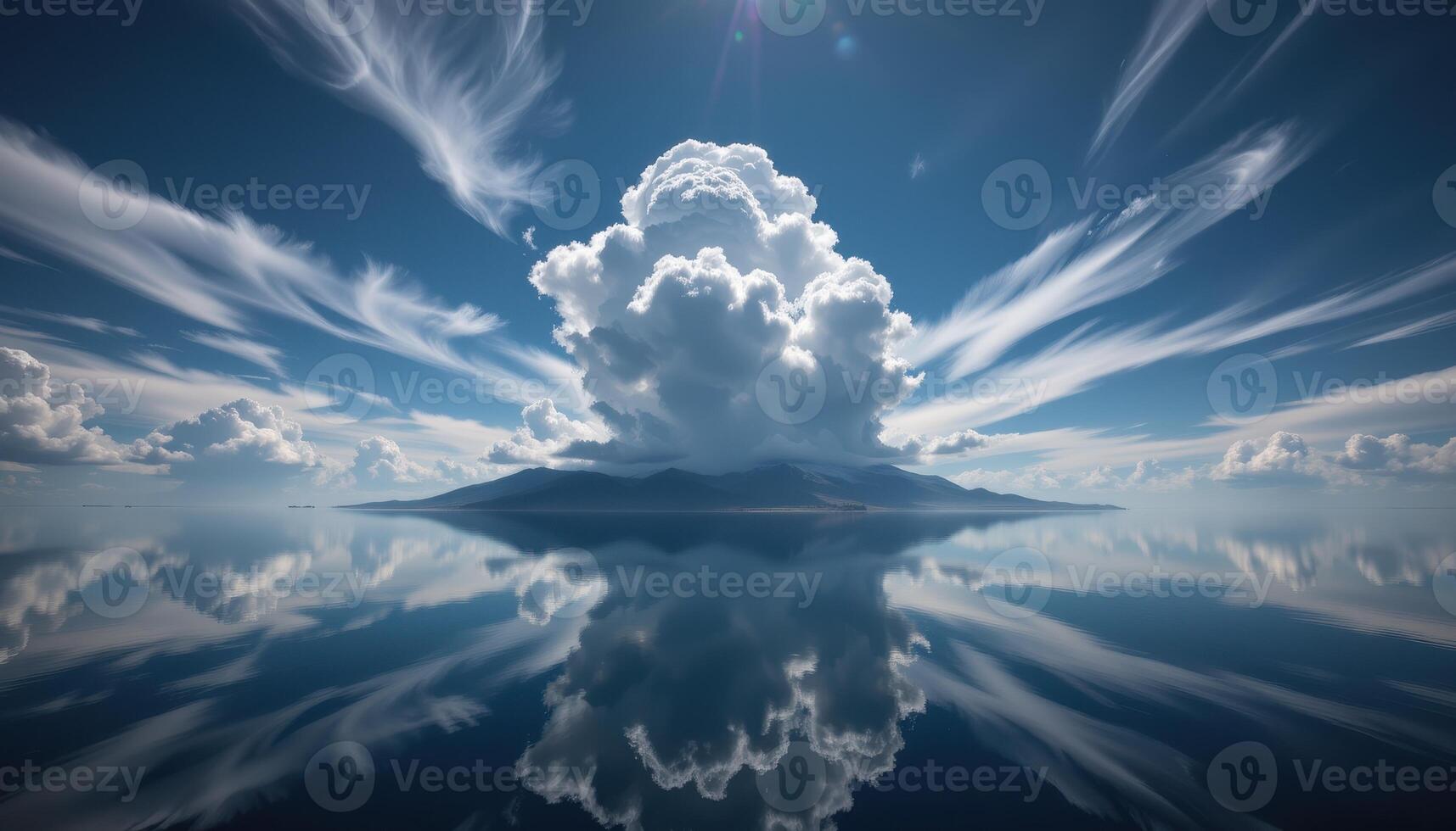 Majestic Island Surrounded by Calm Waters and Dramatic Clouds Under Bright Sky photo